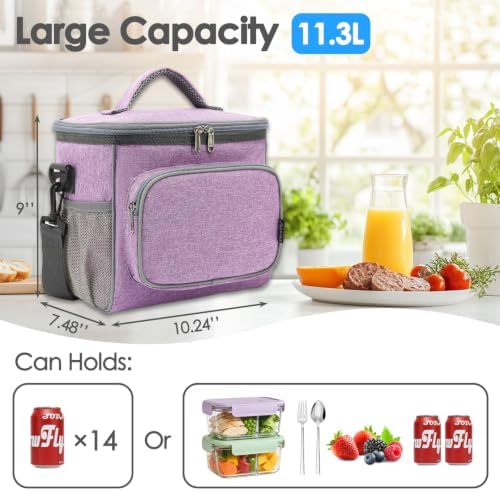 FlowFly Insulated Reusable Lunch Bag Adult Large Lunch Box for Women and Men with Adjustable Shoulder Strap,Front Zipper Pocket and Dual Large Mesh Side Pockets,Purple