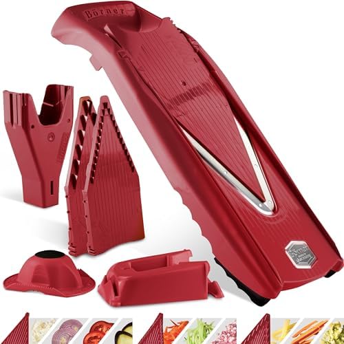 Börner Mandoline Slicer V5 (Professional Set) • Adjustable Vegetable Slicer (7-piece) • 10 Cutting Styles • Kitchen Slicer incl. Docking Station • Stainless Steel V-Blade • Color: Red