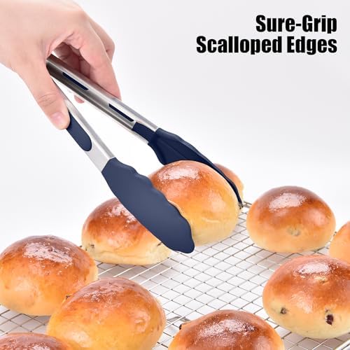 Doosu Kitchen Tongs with Silicone Tips for Cooking Serving (9in, Navy Blue)