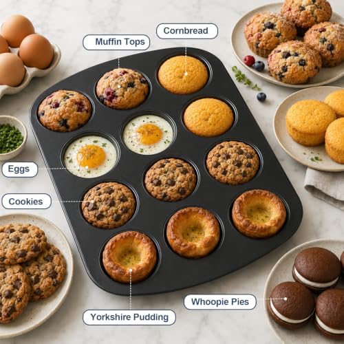 UWILLION Muffin Top Pan, 12 Cavity Nonstick Shallow Cupcake Pan, 3 Inch Carbon Steel Baking Tray, Oven Safe up to 450°F, for Muffin Tops, Eggs, Cornbread, Cookies, Whoopie Pies