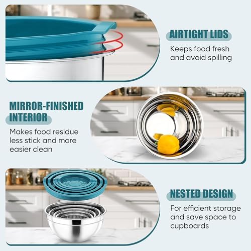 P&P CHEF Metal Mixing Bowls with Lids Set, Airtight Lids & Blue