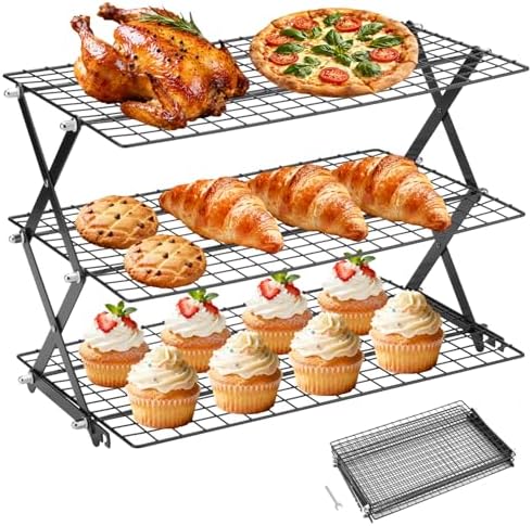 3-Tier Stackable Cooling Rack for Baking, Collapsible Wire Cookie Rack with Adjustable Heights, Non-Stick Roasting & Drying Rack for Cupcakes, Pies and Pastries, Space-Saving Kitchen Essential