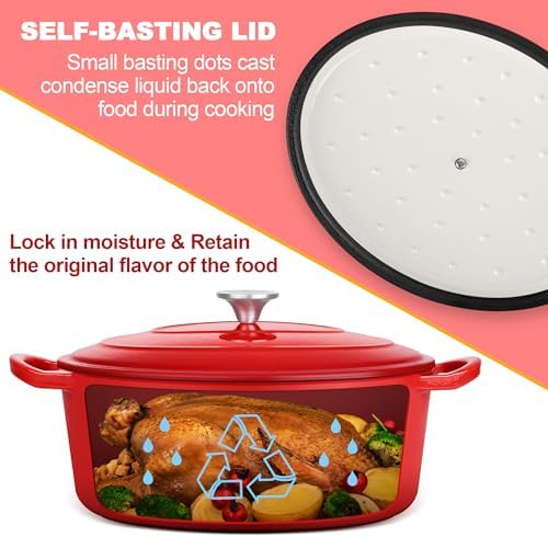 E-far 5QT Oval Dutch Oven Pot with Lid, Red Enameled Cast Iron Dutch Oven