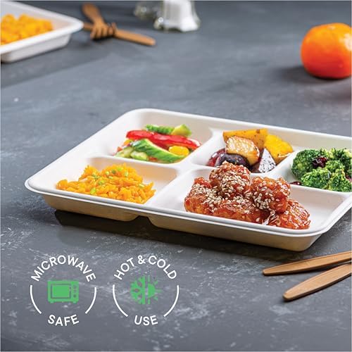 100% Compostable 5-Compartment Tray [125-Pack] Heavy Duty Bagasse Plates