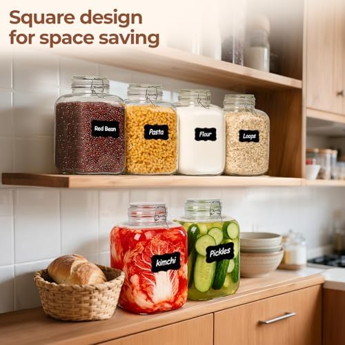 ComSaf Square Glass Pantry Jars with Airtight Lids 1.1 Gallon 2 Pack Large