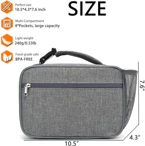GYEUKHAM Insulated Lunch Box for School, Thermal Reusable Durable Freezable Lunch Bags for Kids Boys Girls Men Women - Small Soft Cooler Portable Lunch Tote Kit for Work Picnic Travel,Grey