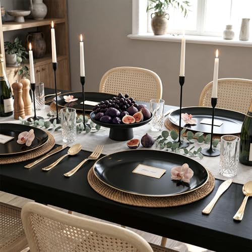 WDF 6PACK Black Oval Plastic Plates - 10"x12" Black and Gold Disposable Platters - Heavy Duty Serving Trays for Party/Birthdays/Catering/Weddings/BBQ