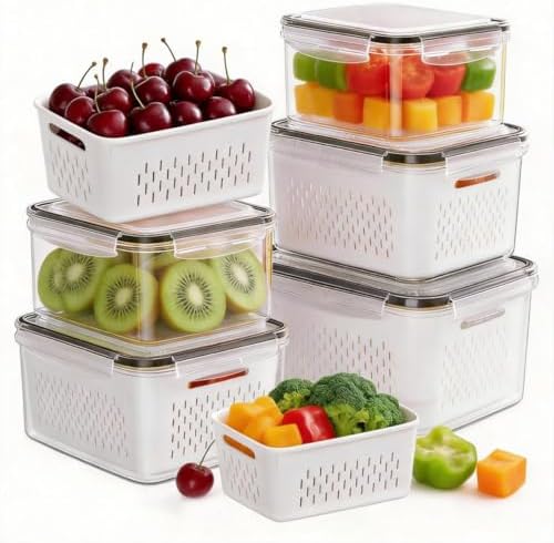 HOMETALL 5 Pack Fruit Storage Containers for Fridge Set, Fruit Washing Bowl with Strainer, Reusable Fridge Organizers and Storage for Berry Salad Lettuce, Size 4.5, 3.4, 1.8, 0.9, 0.4QT