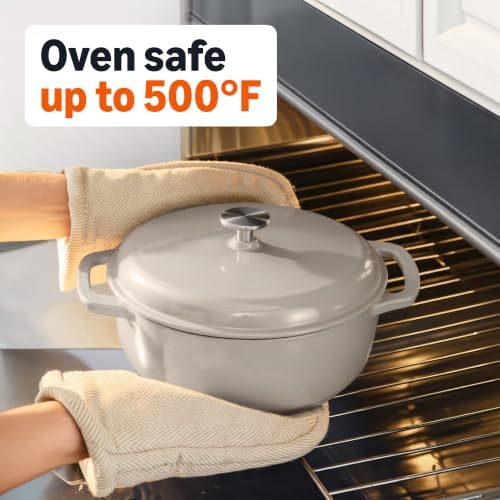 Amazon Basics Cast Iron Dutch Oven Pot with Lid, Enameled, Dual Handles, Round, Heavy-Duty, Medium, 6-Quart, Linen Gray