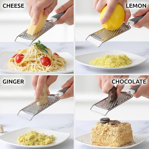 Zulay Kitchen Professional Cheese Grater Stainless Steel - Durable Rust-Proof Metal Lemon Zester Grater With Handle - Flat Handheld Grater For Cheese, Chocolate, Spices, And More - Grey