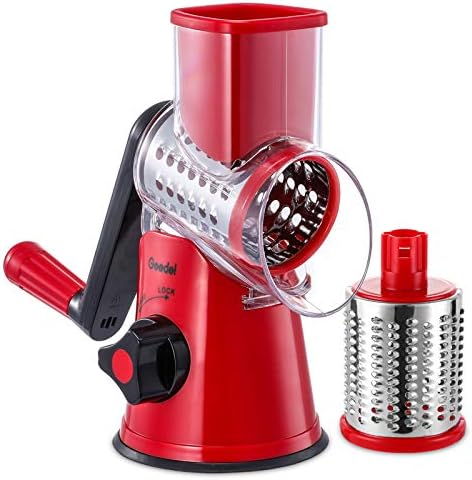 Geedel Rotary Cheese Grater, Kitchen Mandoline Vegetable Slicer with 2 Interchangeable Blades, Easy to Clean Rotary Grater Slicer for Fruit, Vegetables, Nuts