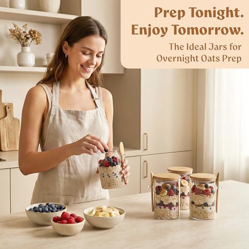EDELHAUS Overnight Oats Containers with Lids - Glass Mason Jars, Meal Prep