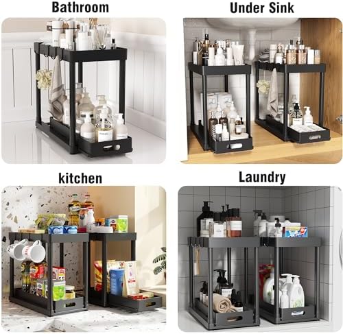 2 Pack Pull-Out Storage Organizers, Under Sink Organizer and Storage for Bathroom & Kitchen,Multi-Purpose Under Cabinet Organizers and storage Black