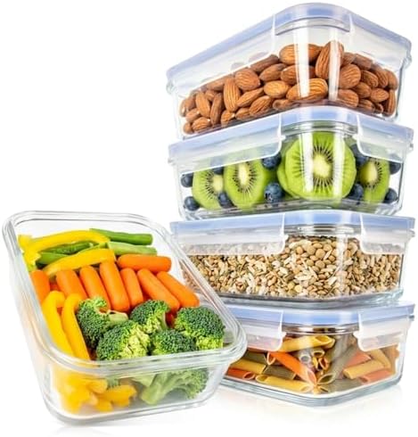 NutriChef 10-Piece Glass Food Containers - Stackable Superior Glass Meal-prep Storage Containers, Newly Innovated Leakproof Locking Lids w/Air Hole, Freezer-to-Oven-Safe (Blue)