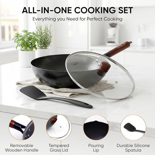 12.6 Inch Carbon Steel Wok Pan with Glass Cover, Pre-Seasoned Flat Bottom Wok for Chinese Cooking, Woks & Stir-Fry Pans Cookware, Compatible with Induction, Electric, Gas & Halogen