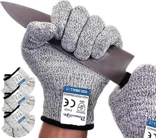Dowellife Cut Resistant Gloves Food Grade Level 5 Protection, Safety Kitchen Cuts Gloves for Oyster Shucking, Fish Fillet Processing, Mandolin Slicing, Meat Cutting and Wood Carving. (Medium-3 Pairs)