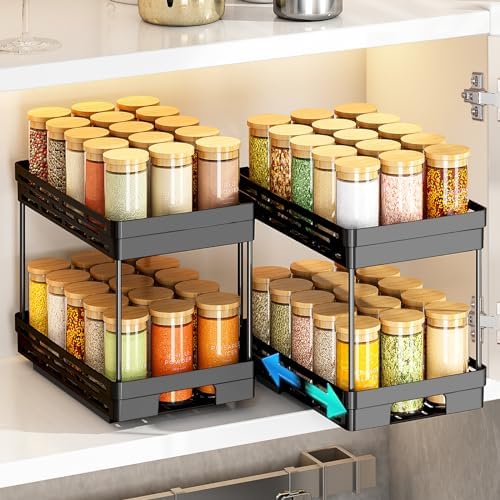 Pull Out Spice Rack Organizer for Cabinet, 2 Pack Widen Slide Out Spice Racks Organizer, Spice Cabinet Organizers, Cabinet Size Need:12'' Highx11'' Deepx6.75'' Wide,Hold 15 Spice Jar Each Tier-2Tier