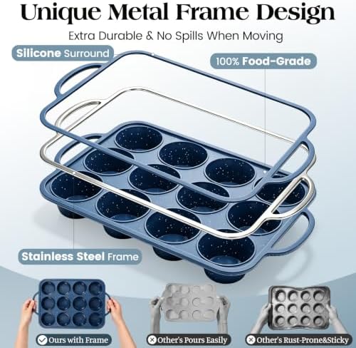 Vinino 2 Pack 12 Cups Silicone Muffin Pan with Stainless Steel Frame - Blue