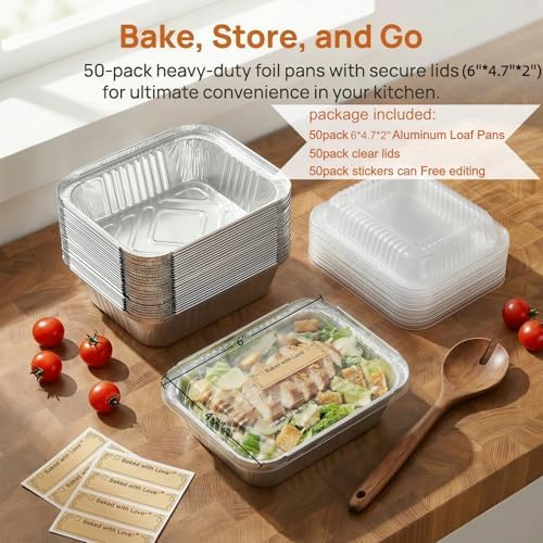 Gyreuni 50 Pack Mini Aluminum Loaf Pans with Lids Kit,6 X 4.7inch