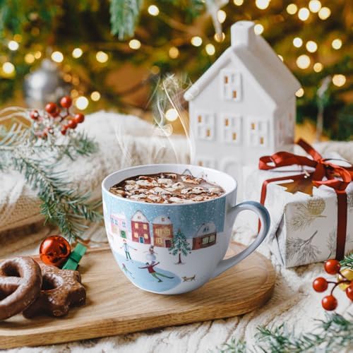 Christmas Skating Mug - 20 oz Bone China Winter Coffee Mugs with Snowy Village, Perfect Holiday and Birthday Gifts for Friends and Family - Designed in England by Harvest Green Studio