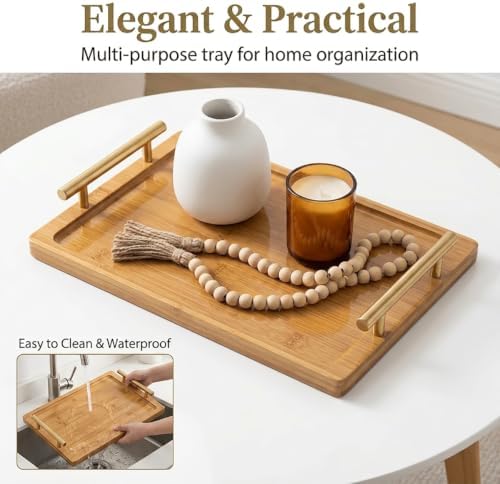 PEKER Wooden Serving Tray with Metal Handles, Black Decorative Coffee Table Tray for Breakfast in Bed, Ottoman & Home Décor, Wooden Food Tray for Kitchen