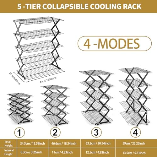 5-Tier Stackable Cooling Rack for Baking, Collapsible Wire Cookie Rack with Adjustable Heights, Non-Stick Roasting & Drying Rack for Cupcakes, Pies and Pastries, Space-Saving Kitchen Essential