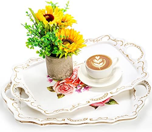Nicunom 3 Pack Melamine Serving Tray with Handles, Floral Serving Trays Stackable Food Tray for Eating Unbreakable Large Serving Platter for Party, Decor, Home, Restaurant, Gift,16" L x 11" W
