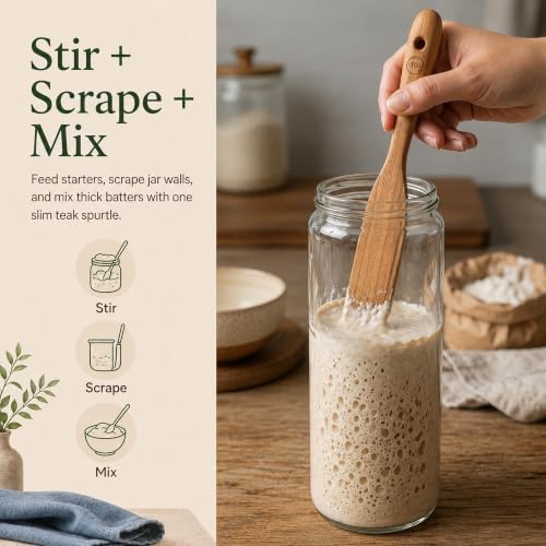 FAAY Teak Wooden Skinny Spurtle Spatula for Sourdough Starter & Jars