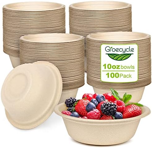 Small Paper Bowls 10 oz, 100 Pack 100% Compostable Biodegradable