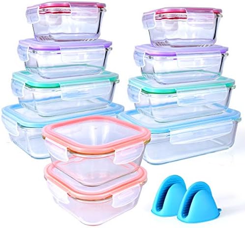 20 Pc Glass Food Storage Containers with Snap Lock Lids, Airtight & Leakproof, Bonus 2 Oven Silicone Gloves, Safe for Dishwasher, Oven, Microwave,Freezer, BPA Free