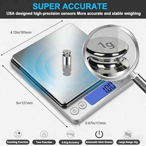 Digital Gram Scale 1000g/0.01g, Scale for Food Ounces and Grams, Upgrade USB Charging Kitchen Scale Digital Weight for Cooking, Baking, Tare Function, 9 Units, 2 Tray