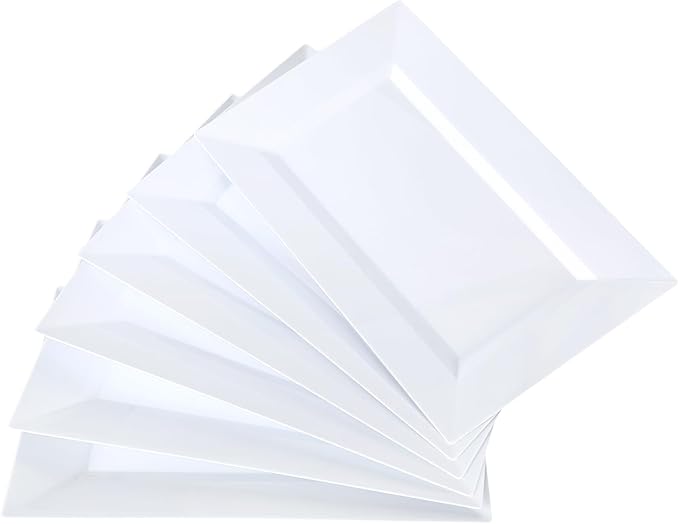 Mwellewm 12 Pcs White Plastic Serving Trays, 14''x9'' Rectangle Dessert Trays for Dessert Table, Party Food Display Set Disposable Platters Cookie Cupcake Gold Serving Tray for Birthday Party Wedding