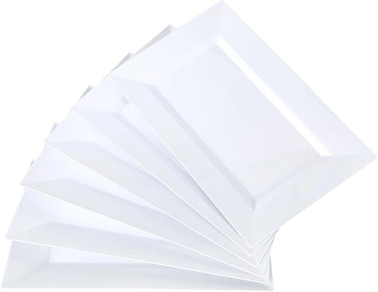 Mwellewm 12 Pcs White Plastic Serving Trays, 14''x9'' Rectangle Dessert Trays for Dessert Table, Party Food Display Set Disposable Platters Cookie Cupcake Gold Serving Tray for Birthday Party Wedding