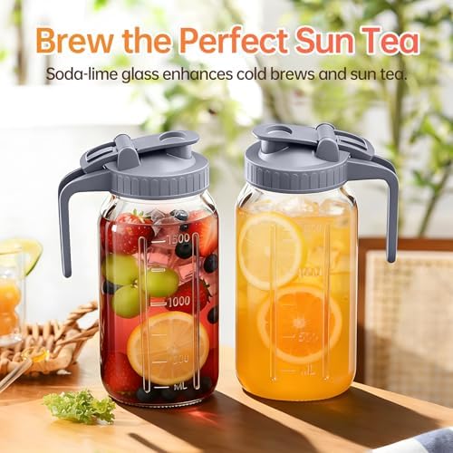 32oz Glass Pitcher with Lid & Spout – 1 Quart Mason Jars, Airtight & Leakproof Breastmilk Pitcher for Cold Brew Coffee, Sun Tea, Water, Juice – Wide Mouth, Fridge Safe