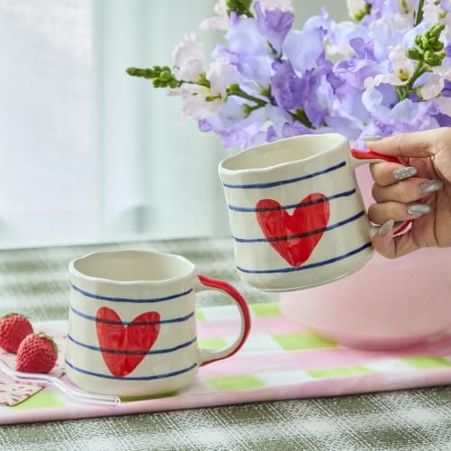 16oz Hand-painted Heart and Stripe Ceramic Mug Set of 4, Large Capacity Tea Milk Coffee Cups, Romantic Valentine Birthday Housewarming Gift for Women Coffee Lovers, Microwave & Dishwasher Safe