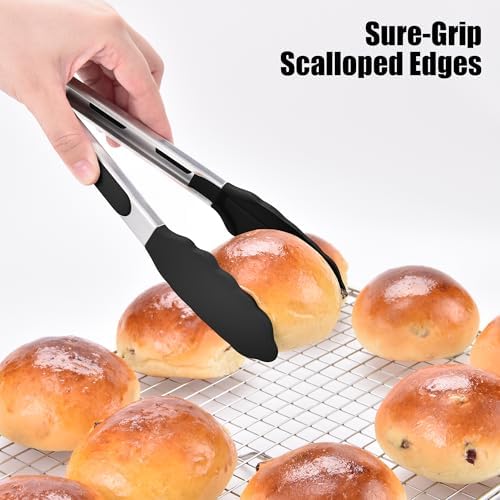 Doosu Kitchen Tongs with Silicone Tips for Cooking Serving (9in, Black)