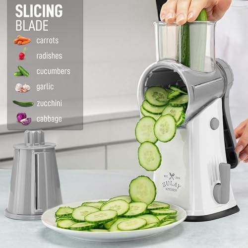 Rotary Cheese Grater Manual Hand Crank 5 Blade Shredder, White & Gray