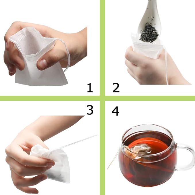 Tea Filter bags, safe and natural material, disposable tea infuser, empty tea bag with drawstring for loose leaf tea, set of 100（3.15 x 3.94 inch ） (Initial)