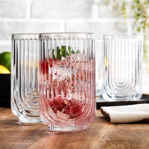 Glaver's 8-Piece Drinking Glass Set, Art Deco Ribbed Arch Glassware, Clear U-Shape Design, 17oz Highball and 11oz DOF Glasses Kitchen Glasses