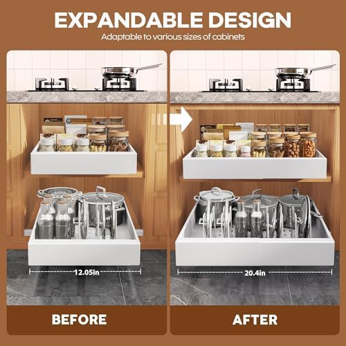 Seinloes 4Pack Expandable Pull Out Cabinet Organizer 21"Deep with Raising Pad for Framed Cabinets,Slide Out Drawers with 4pcs Divider Racks,Roll Out Shelves Adhesive,Adjustable Width 12.05"-20.4"White