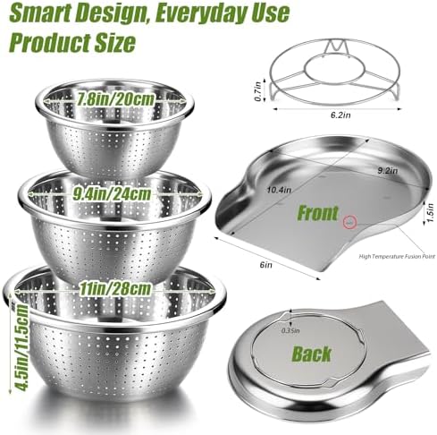 Palksky Stainless Steel Colander Set with Self-Draining Base, 3 Sizes Colanders & Food Strainers for Pasta, Rice, Fruits & Veggies, Metal Colander with Draining Plate for Sink or Countertop