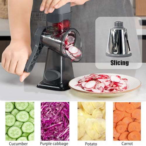 Rotary Cheese Grater Shredder with Handle Handheld Round Mandoline Vegetable Slicer Carrot Shredder Nut Grinder with 3 Replaceable Stainless Steel Drum Blades and Upgrade Strong Suction, Dark Grey