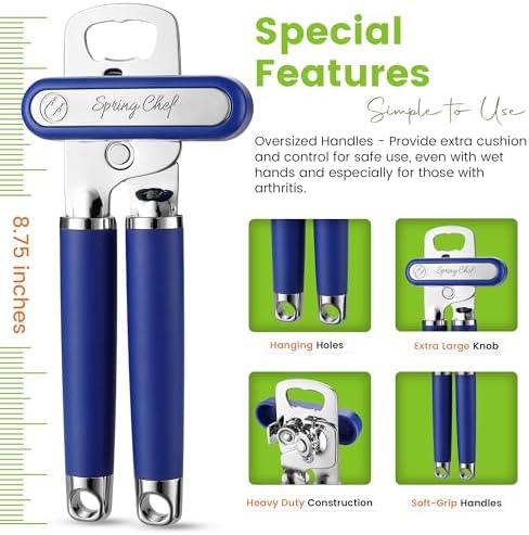 Spring Chef Stainless Steel Manual Can Opener w/Soft Grip Handle, Sapphire