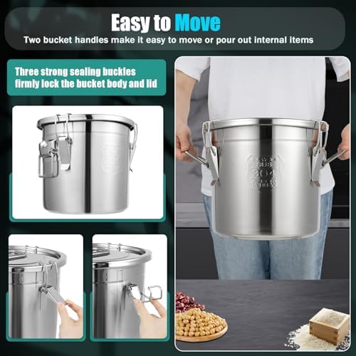 DYNAMI 304 Stainless Steel Airtight Canister for Kitchen, 3.2Gal/405oz Flour Container with Lid and Locking Clamp,10-21Lbs Metal Bucket Food Storage Container for Rice, Flour, Grain, Coffee Bean(12L)