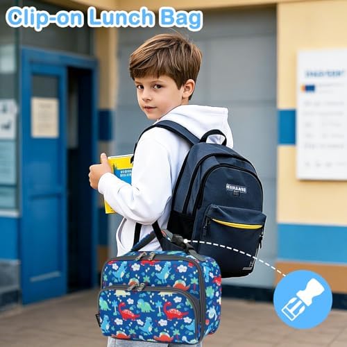 FlowFly Kids Lunch box Insulated Soft Bag Mini Cooer Back to School Thermal Meal Tote Kit for Girls, Boys,Dinosaur