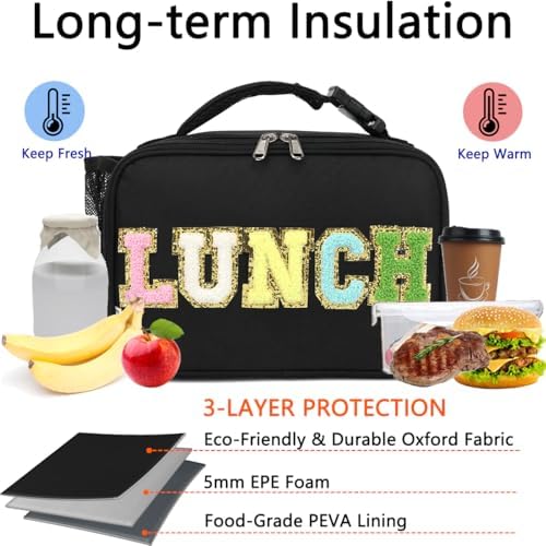 GYEUKHAM Insulated Lunch Box for School, Thermal Reusable Durable Freezable Lunch Bags for Kids Boys Girls Men Women - Small Soft Cooler Portable Lunch Tote Kit for Work Picnic Travel,Black Alphabet