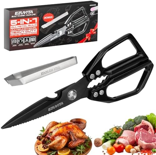 5-in-1 Kitchen Scissors with Tweezers, Black