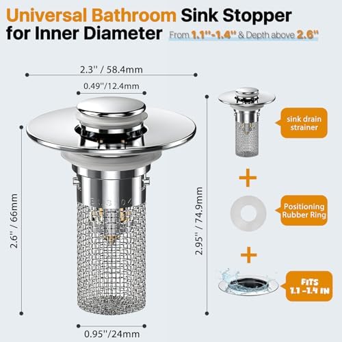 4Pack Bathroom Sink Drainer Hair Catcher, Pop Up Sink Drain Stopper with Filter Basket, Universal Drain Plug for Sink Drain, Stainless Steel Sink Drain Cover with Basket for Bathroom Stopper