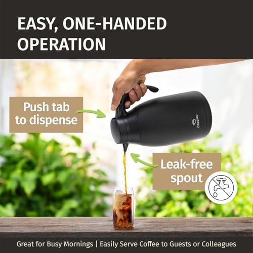 Cresimo 68 Oz Stainless Steel Black Thermal Coffee Carafe/Double Walled Vacuum Flask / 12 Hour Heat Retention / 2 Liter Tea, Water, and Coffee Dispenser