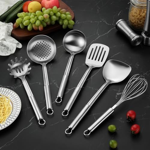 6-Piece Kitchen Cooking Utensils Set, Stainless Steel Kitchen Utensils with Suspendable Handle, Spatula, Slotted Turner, Soup Ladle, Slotted Spoon, Whisk, Pasta Server, Dishwasher Safe